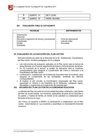 I.E. La Sagrada Familia. Fey Alegría N° 64 TingoMaría-2017
__________________________________________________________________________________________________________________
__________________________________________________________________________________________________________________
Lic. Luisa Isela Soria Pardavè
9 QUINTO “A” REY LEON:
10 QUINTO “B” NORA HILARIO:
XIV. EVALUACIÓN PARA EL ESTUDIANTE
XV. EVALUACIÓN DE LA EJECUCIÓN DEL PLAN LECTOR
Será permanente por parte de la Dirección de la I.E, Subdirección, Coordinadora
del Plan Lector, monitora pedagógica de Fe y Alegría.
 Los instrumentos de evaluación aplicados en el Plan Lector para la lectura de
obras literarias son:Ficha de seguimiento de lectura y ficha de opinión de lectura.
 En “El momento de la lectura” el auxiliar de educación hará el monitoreo
correspondiente para asegurar el cumplimiento del mismo e informará a la
Coordinadora del Plan Lector.
 La Dirección o subdirección de la Institución Educativa hará el monitoreo, para
asegurar el cumplimiento de las actividades, emitiendo los informes
correspondientes.
 Al finalizar el año escolar, la Coordinadora responsable del Plan Lector,
presentará un informe a los Directivos de la Institución, señalando logros,
dificultades y sugerencias en la aplicación del presente plan.
XVI. DIFUSIÓN DEL PLAN LECTOR EN LACOMUNIDAD EDUCATIVA
La difusión del Plan de Lector en la Comunidad Educativa, se llevará a cabo dentro
del Plan de acción tutorial, con reuniones explicativas de parte de los docentes a
los padres y madres de familia, en donde se les solicitará su colaboración para
fomentar la lectura en casa.
Así mismo, se requerirá a APAFA su participación y colaboración con el Plan
Lector, transmitiendo en sus reuniones y asambleas, la necesidad De fomentar
la lectura.
TÉCNICAS INSTRUMENTOS
- Observación
- Resumen
- Discusión y exposición de temas y conclusiones
- Cuestionario
- Fichaje
- Subrayado
- Ficha de observación
- Lista de cotejo
- Encuestas
 