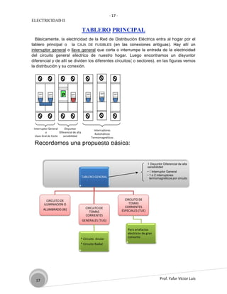 - 17 -
ELECTRICIDAD II

                                            TABLERO PRINCIPAL
  Básicamente, la electricidad de la Red de Distribución Eléctrica entra al hogar por el
tablero principal o la CAJA DE FUSIBLES (en las conexiones antiguas). Hay allí un
interruptor general o llave general que corta o interrumpe la entrada de la electricidad
del circuito general eléctrico de nuestro hogar. Luego encontramos un disyuntor
diferencial y de allí se dividen los diferentes circuitos( o sectores). en las figuras vemos
la distribución y su conexión.




     OFF      OFF
                        P       OFF            OFF         OFF          OFF




Interruptor General
 Interruptor General      Disyuntor
                                                       Interruptores
          oo          Diferencial de alta
                                                        Automáticos
 Llave Gral de Corte
  Llave Gral de Corte    sensibilidad
                                                     Termornagnéticos

 Recordemos una propuesta básica:


                                                                                                 1 Disyuntor Diferencial de alta
                                                                                                 sensibilidad
                                                                                                 • 1 Interruptor General
                                                                                                 • 1 o 2 interruptores
                                            TABLERO GENERAL                                        termomagnéticos por circuito




             CIRCUITO DE                                                        CIRCUITO DE
           ILUMINACION O                                                           TOMAS
                                              CIRCUITO DE                       CORRIENTES
           ALUMBRADO (BI)                                                     ESPECIALES (TUE)
                                                 TOMAS
                                              CORRIENTES
                                            GENERALES (TUG)

                                                                                  Para artefactos
                                                                                  electricos de gran
                                                                                  consumo
                                        * Circuito Anular
                                        * Circuito Radial




  17                                                                                                      Prof. Yafar Víctor Luis
 
