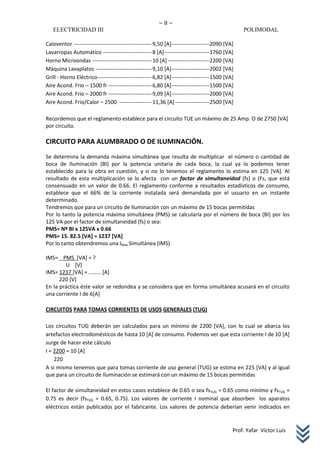 ~8~
   ELECTRICIDAD III                                                                              POLIMODAL

Caloventor ------------------------------------------- 9,50 [A] ---------------------2090 [VA]
Lavarropas Automático --------------------------- 8 [A] -------------------------1760 [VA]
Horno Microondas --------------------------------- 10 [A] -----------------------2200 [VA]
Máquina Lavaplatos ------------------------------- 9,10 [A] ---------------------2002 [VA]
Grill - Horno Eléctrico ------------------------------ 6,82 [A] ---------------------1500 [VA]
Aire Acond. Frio – 1500 fr ------------------------ 6,80 [A] ---------------------1500 [VA]
Aire Acond. Frio – 2000 fr ------------------------ 9,09 [A] ---------------------2000 [VA]
Aire Acond. Frio/Calor – 2500 ------------------ 11,36 [A] -------------------2500 [VA]

Recordemos que el reglamento establece para el circuito TUE un máximo de 25 Amp. O de 2750 [VA]
por circuito.

CIRCUITO PARA ALUMBRADO O DE ILUMINACIÓN.
Se determina la demanda máxima simultánea que resulta de multiplicar el número o cantidad de
boca de Iluminación (BI) por la potencia unitaria de cada boca, la cual ya lo podemos tener
establecido para la obra en cuestión, y si no lo tenemos el reglamento lo estima en 125 [VA]. Al
resultado de esta multiplicación se lo afecta con un factor de simultaneidad (fs) o (Fs, que está
consensuado en un valor de 0.66. El reglamento conforme a resultados estadísticos de consumo,
establece que el 66% de la corriente instalada será demandada por el usuario en un instante
determinado.
Tendremos que para un circuito de Iluminación con un máximo de 15 bocas permitidas
Por lo tanto la potencia máxima simultánea (PMS) se calcularía por el número de boca (BI) por los
125 VA por el factor de simultaneidad (fs) o sea:
PMS= Nº BI x 125VA x 0.66
PMS= 15. 82.5 [VA] = 1237 [VA]
Por lo tanto obtendremos una IMax Simultánea (IMS)

IMS= PMS [VA] = ?
        U [V]
IMS= 1237 [VA] = ……… [A]
      220 [V]
En la práctica éste valor se redondea y se considera que en forma simultánea acusará en el circuito
una corriente I de 6[A]

CIRCUITOS PARA TOMAS CORRIENTES DE USOS GENERALES (TUG)

Los circuitos TUG deberán ser calculados para un mínimo de 2200 [VA], con lo cual se abarca los
artefactos electrodomésticos de hasta 10 [A] de consumo. Podemos ver que esta corriente I de 10 [A]
surge de hacer este cálculo
I = 2200 = 10 [A]
    220
A si mismo tenemos que para tomas corriente de uso general (TUG) se estima en 225 [VA] y al igual
que para un circuito de Iluminación se estimará con un máximo de 15 bocas permitidas

El factor de simultaneidad en estos casos establece de 0.65 o sea fsTUG = 0.65 como mínimo y fsTUG =
0.75 es decir (fsTUG = 0.65, 0.75). Los valores de corriente I nominal que absorben los aparatos
eléctricos están publicados por el fabricante. Los valores de potencia deberían venir indicados en


                                                                                             Prof. Yafar Víctor Luis
 