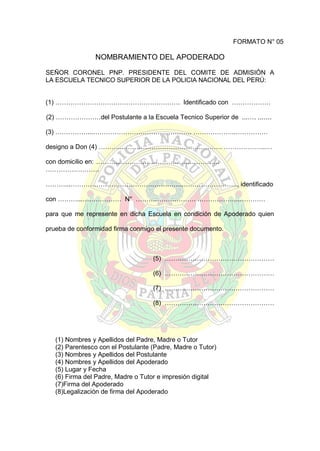 FORMATO N° 05

NOMBRAMIENTO DEL APODERADO
SEÑOR CORONEL PNP. PRESIDENTE DEL COMITE DE ADMISIÓN A
LA ESCUELA TECNICO SUPERIOR DE LA POLICIA NACIONAL DEL PERÚ:
(1) …………………………………………………. Identificado con ………………
(2) …………………del Postulante a la Escuela Tecnico Superior de ...…. .......
(3) ……………...………………………………………. ………………..……………
designo a Don (4) ………...………………………………………. ………………..…
con domicilio en: ………...……………………………………….
…………………….
………...……………………………………………..……………………., identificado
con ………...……………… N° ………………………. ………………..…………
para que me represente en dicha Escuela en condición de Apoderado quien
prueba de conformidad firma conmigo el presente documento.

(5) ……………………………………………
(6) ……………………………………………
(7) ……………………………………………
(8) ……………………………………………

(1) Nombres y Apellidos del Padre, Madre o Tutor
(2) Parentesco con el Postulante (Padre, Madre o Tutor)
(3) Nombres y Apellidos del Postulante
(4) Nombres y Apellidos del Apoderado
(5) Lugar y Fecha
(6) Firma del Padre, Madre o Tutor e impresión digital
(7)Firma del Apoderado
(8)Legalización de firma del Apoderado

 