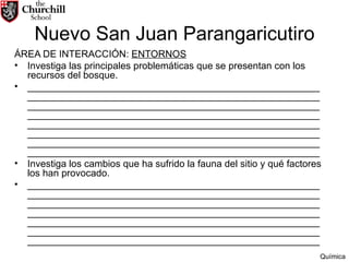 Nuevo San Juan Parangaricutiro ÁREA DE INTERACCIÓN:  ENTORNOS Investiga las principales problemáticas que se presentan con los recursos del bosque. ________________________________________________________________________________________________________________________________________________________________________________________________________________________________________________________________________________________________________________________________________________________________________________________________________________________________________________ Investiga los cambios que ha sufrido la fauna del sitio y qué factores los han provocado. __________________________________________________________________________________________________________________________________________________________________________________________________________________________________________________________________________________________________________________________________________________________________________________________ Química 
