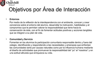 Objetivos por Área de Interacción Entornos Por medio de la reflexión de la interdependencia con el ambiente, conocer y crear conciencia sobre el entorno del alumno, desarrollar la motivación, habilidades y el compromiso que le permitan valorar la responsabilidad que tiene hacia la conservación de éste, con el fin de fomentar actitudes positivas y acciones tangibles que se integren a su plan de vida. Comunidad y Servicio Fomentar en los alumnos la participación comunitaria responsable dentro y fuera del colegio, identificando y respondiendo a las necesidades y amenazas que enfrentan las comunidades tanto por causas naturales como por la influencia humana mediante el diseño de actividades que promuevan la responsabilidad del “yo” al “nosotros” y en una actitud altruista que enriquezca su vida. 