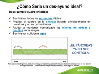 ¿Cómo Seria un des-ayuno ideal?
Debe cumplir cuatro criterios:

 Suministrar todos los nutrientes vitales
 Proveer al cuerpo de la energía basada principalmente en
  proteínas y no en carbohidratos.
 Ayudar a mantener normalizado los niveles de azúcar e
  insulina en la sangre.
 Suministrar suficiente agua
 