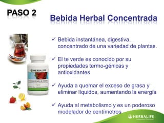 Bebida Herbal Concentrada

 Bebida instantánea, digestiva,
  concentrado de una variedad de plantas.

 El te verde es conocido por su
  propiedades termo-génicas y
  antioxidantes

 Ayuda a quemar el exceso de grasa y
  eliminar líquidos, aumentando la energía

 Ayuda al metabolismo y es un poderoso
  modelador de centímetros
 