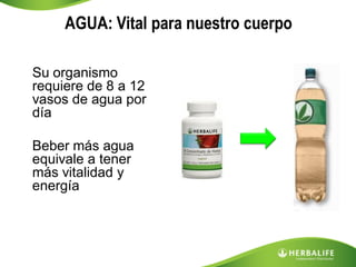AGUA: Vital para nuestro cuerpo

Su organismo
requiere de 8 a 12
vasos de agua por
día

Beber más agua
equivale a tener
más vitalidad y
energía
 