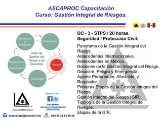 DC - 3 - STPS / 20 horas.
Seguridad / Protección Civil.
Panorama de la Gestión Integral del
Riesgo.
Antecedentes Internacionales.
Antecedentes en México.
Nociones de la Gestión Integral del Riesgo.
Desastre, Peligro y Emergencia.
Agente Perturbador, Afectable, y
Regulador.
Primeras Etapas de la Gestión Integral del
Riesgo.
Gestión Integral del Riesgo (GIR).
Tipología de la Gestión Integral de
Riesgos.
Etapas de la GIR.
kaarescate@hotmail.com 044 55 32 03 86 48
ASCAPROC Capacitación
Curso: Gestión Integral de Riesgos.
 