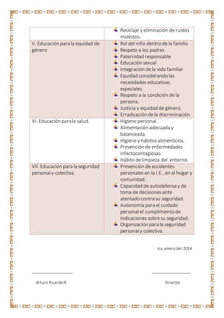 Reciclaje y eliminación de ruidos
molestos.
V. Educación para la equidad de
género
Rol del niño dentro de la familia
Respeto a los padres
Paternidad responsable
Educación sexual
Integración dela vida familiar
Equidad considerando las
necesidades educativas
especiales.
Respeto a la condición de la
persona.
Justicia y equidad de género.
Erradicación dela discriminación
VI. Educación parala salud. Higiene personal.
Alimentación adecuada y
balanceada.
Higiene y hábitos alimenticios.
Prevención de enfermedades
infectocontagiosas.
Hábito de limpieza del entorno.
VII. Educación para la seguridad
personal y colectiva.
Prevención de accidentes
personales en la I.E., en el hogar y
comunidad.
Capacidad de autodefensa y de
toma de decisiones ante
atentado contra su seguridad.
Autonomía para el cuidado
personalel cumplimiento de
indicaciones sobresu seguridad.
Organización para la seguridad
personaly colectiva.
Ica, enero del 2014
__________________ _________________
Arturo Ricardo R. Director
 