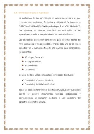 4.8.1 Orientaciones para la evaluación
La evaluación de los aprendizajes en educación primaria es por
competencias, cualitativa, formativa y diferencial. Se basa en la
DIRECTIVA N°004-VMGP-2005aprobada por R.M. N° 0234- 005-ED,
que aprueba las normas específicas de evaluación de los
aprendizajes en educación primaria de menores actualizadas.
Los calificativos que deben considerarse para informar acerca del
nivel alcanzado por los educandos al final de cada uno de los cuatro
períodos y en la evaluación final del año (nivel de logro del área) son
los siguientes:
AD - Logro Destacado
A - Logro Previsto
B - En Proceso
C - En Inicio
De igual modo se utiliza en las actas y certificados de estudio:
 Cuando hay eficacia o fortaleza
 Cuando hay debilidad o dificultad.
Todas las acciones referentes a planificación, ejecución y evaluación
donde se genere documentos técnicos pedagógicos y
administrativos, se realizaran mediante el uso obligatorio del
aplicativo informativo SIAGIE.
 