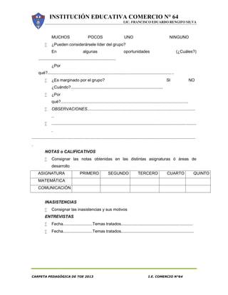 INSTITUCIÓN EDUCATIVA COMERCIO N° 64
LIC. FRANCISCO EDUARDO RENGIFO SILVA
CARPETA PEDAGÓGICA DE TOE 2013 I.E. COMERCIO N°64
MUCHOS POCOS UNO NINGUNO
 ¿Pueden considerársele líder del grupo?
En algunas oportunidades (¿Cuáles?)
....................................................................
¿Por
qué?...............................................................................................................
 ¿Es marginado por el grupo? SI NO
¿Cuándo?.................................................................................
 ¿Por
qué?................................................................................................................
 OBSERVACIONES...............................................................................................
..
 ...............................................................................................................................
.
................................................................................................................................................
.
NOTAS o CALIFICATIVOS
 Consignar las notas obtenidas en las distintas asignaturas ó áreas de
desarrollo
ASIGNATURA PRIMERO SEGUNDO TERCERO CUARTO QUINTO
MATEMÁTICA
COMUNICACIÓN
INASISTENCIAS
 Consignar las inasistencias y sus motivos
ENTREVISTAS
 Fecha..........................Temas tratados...............................................................
 Fecha..........................Temas tratados................................................................
 