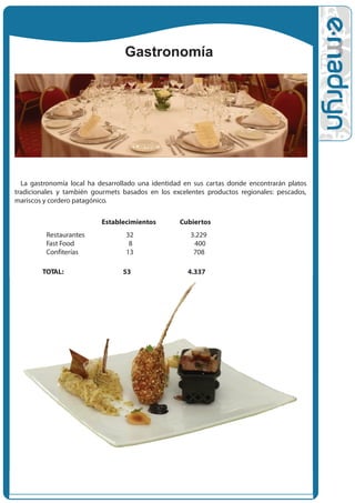 Gastronomía




  La gastronomía local ha desarrollado una identidad en sus cartas donde encontrarán platos
tradicionales y también gourmets basados en los excelentes productos regionales: pescados,
mariscos y cordero patagónico.


                           Establecimientos        Cubiertos
         Restaurantes             32                  3.229
         Fast Food                 8                   400
         Confiterías              13                   708

        TOTAL:                   53                  4.337
 