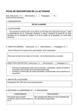 FICHA DE DESCRIPCIÒN DE LA ACTIVIDAD
Àrea Institucional ( X ) Administrativa ( ) Pedagógica ( X )
Fuente de financiamiento :
1.- DENOMINACIÒN :
2.- JUSTIFICACIÒN
3.- OBJETIVO GENERAL Institucional ( X ) Administrativo ( ) Pedagógico ( X )
Que contribuye en la mejora de los aprendizajes de los estudiantes.
4.-OBJETIVOS ESPECÌFICOS Institucional ( X ) Administrativo ( ) Pedagógico ( X )
5.- METAS DE LA ACTIVIDAD:
6.-RESPONDE AL COMPROMISO Nº 7 E INDICADORES
COMPROMISOS INDICADORES
Percepción de los actores
educativos sobre el clima escolar de
la I.E
2da. jornada para reflexionar sobre resultados de
las actividades programadas.
DÌA DE LA MADRE
Se presenta el presenta plan concordante con los fines de la educación peruana , dada
la trascendencia en la comunidad educativa y siendo necesaria la ejecución de esta
actividad con la finalidad de resaltar el rol de la madre en la sociedad y la comunidad
educativa.
.
Reconocer el valor de la madre en la familia , comunidad educativa y sociedad.
- Promover la participación activa de los docentes , estudiantes , padres de familia y
comunidad, para el logro de la actividad programada..
- Contribuir a la formación de valores familiares e institucionales como soporte de su
superación.
Participación del 100% de la comunidad educativa .
 
