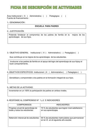 Àrea Institucional ( X ) Administrativa ( ) Pedagógica ( )
Fuente de financiamiento :
1.- DENOMINACIÒN :
2.- JUSTIFICACIÒN
3.- OBJETIVO GENERAL Institucional ( X ) Administrativo ( ) Pedagógico ( )
Que contribuye en la mejora de los aprendizajes de los estudiantes.
4.-OBJETIVOS ESPECÌFICOS Institucional ( X ) Administrativo ( ) Pedagógico ( )
5.- METAS DE LA ACTIVIDAD:
6.-RESPONDE AL COMPROMISO Nº 1 y 2 E INDICADORES
COMPROMISOS INDICADORES
Progreso anual de aprendizaje de
todas y todos los estudiantes
70 % de estudiantes que logran nivel satisfactorio
en sus aprendizajes
Retención interanual de estudiantes 90 % de estudiantes matriculados que permanecen
en la I.E .en el siguiente año escolar.
ESCUELA PARA PADRES
Pretende fortalecer el compromiso de los padres de familia en la mejora de los
aprendizajes de sus hijos.
.Involucrar a los padres de familia en el apoyo del logro del aprendizaje de sus hijosy el
buen comportamiento.
.Sensibilizar y comprometer a los padres en la formación integral de sus hijos.
Incrementar en un 100% la participación de padres en ambos niveles.
 