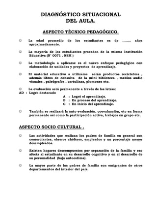 DIAGNÓSTICO SITUACIONAL
DEL AULA.
ASPECTO TÉCNICO PEDAGÓGICO.
 La edad promedio de los estudiantes es de …….. años
aproximadamente.
 La mayoría de los estudiantes proceden de la misma Institución
Educativa (N° 0071 . NSM )
 La metodología a aplicarse es el nuevo enfoque pedagógico con
elaboración de unidades y proyectos de aprendizaje.
 El material educativo a utilizarse serán productos reciclables ,
además libros de consulta de la mini biblioteca , medios audio
visuales , paleógrafos , cartulinas, plumones etc.
 La evaluación será permanente a través de las letras:
AD : Logro destacado
A : Logró el aprendizaje.
B : En proceso del aprendizaje.
C : En inicio del aprendizaje.
 También se realizará la auto evaluación, coevaluación, etc en forma
permanente así como la participación activa, trabajos en grupo etc.
ASPECTO SOCIO CULTURAL .
 Las actividades que realizan los padres de familia en general son
comerciantes, obreros chóferes, empleados y un porcentaje menor
desempleados.
 Existen hogares descompuestos por separación de la familia y eso
afecta al estudiante en su desarrollo cognitivo y en el desarrollo de
su personalidad (baja autoestima).
 La mayor parte de los padres de familia son emigrantes de otros
departamentos del interior del país.
 