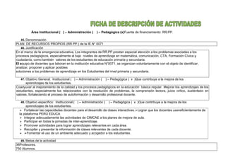 Área Institucional ( ) – Administración ( ) – Pedagógica (x)Fuente de financiamiento: RR.PP.
45. Denominación
PLAN DE RECURSOS PROPIOS (RR.PP.) de la IE.N° 0071
46. Justificación
En el marco de la emergencia educativa, Los integrantes de RR.PP.prestan especial atención a los problemas asociadas a los
procesos pedagógicos, especialmente al bajo niveles de aprendizaje en matemática, comunicación, CTA, Formación Cívica y
ciudadanía, como también valores de los estudiantes de educación primaria y secundaria.
El equipo de docentes que laboran en la institución educativa N°0071, se organizan voluntariamente con el objeto de identificar,
analizar, proponer y aplicar posibles
soluciones a los problemas de aprendizaje en los Estudiantes del nivel primaria y secundaria.
47. Objetivo General: Institucional ( ) – Administración ( ) – Pedagógica ( x )Que contribuye a la mejora de los
aprendizajes de los estudiantes.
Coadyuvar al mejoramiento de la calidad y los procesos pedagógicos en la educación básica regular. Mejorar los aprendizajes de los
estudiantes, especialmente los relacionados con la resolución de problemas, la comprensión lectora, juicio crítico, sustentado en
valores, fortaleciendo el proceso de autoformación y desarrollo profesional docente.
48. Objetivo específico: Institucional ( ) – Administración ( ) – Pedagógica ( x )Que contribuye a la mejora de los
aprendizajes de los estudiantes.
 Fortalecer las capacidades docentes para el desarrollo de clases interactivas.Lograr que los docentes useneficientemente de
la plataforma PERÚ EDUCA
 Integrar adecuadamente las actividades de CIMCAE a los planes de mejora de aula.
 Participar en todas la jornadas de inter-aprendizaje.
 Promover actividades para lograr aprendizajes relevantes en cada área.
 Recopilar y presentar la información de clases relevantes de cada docente.
 Fomentar el uso de un ambiente adecuado y acogedor a los estudiantes.
49. Metas de la actividad
36Profesores.
750 Alumnos.
 