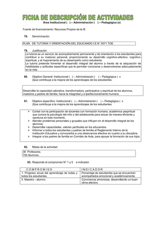 Área Institucional ( ) – Administración ( ) – Pedagógica (x)
Fuente de financiamiento: Recursos Propios de la IE
78. Denominación
PLAN DE TUTORIA Y ORIENTACIÓN DEL EDUCANDO I.E.N° 0071 TOE
79. Justificación
La tutoría es un servicio de acompañamiento permanente y de orientación a los estudiantes para
contribuir a su madurez personal, proporcionando su desarrollo cognitivo-afectivo, cognitivo-
espiritual, y el mejoramiento de su desempeño como estudiante.
La tutoría pretende fomentar el desarrollo integral del alumno a través de la adquisición de
habilidades y actitudes específicas que le permitan conocerse y desenvolverse adecuadamente
en la vida.
80. Objetivo General: Institucional ( ) – Administración ( ) – Pedagógica ( x
)Que contribuye a la mejora de los aprendizajes de los estudiantes.
Desarrollar la capacidad valorativa, transformadora, participativa y espiritual de los alumnos,
maestros y padres de familia, hacia la integridad y e lperfeccionamiento humano.
81. Objetivo específico: Institucional ( ) – Administración ( ) – Pedagógica ( x
)Que contribuye a la mejora de los aprendizajes de los estudiantes.
 Contar con la participación de docentes con formación humana, académica yespiritual
que conoce la psicología del niño y del adolescente para actuar de manera eficiente y
oportuna en todo momento.
 Atender problemas personales y grupales que influyen en el desarrollo integral de los
alumnos.
 Desarrollar capacidades, valores yactitudes en los educandos.
 Informar a todos los estudiantes y padres de familia el Reglamento Interno de la
Institución Educativa y convocarlos a una observancia efectiva en cuanto a su disciplina.
 Integrar a los padres de familia en Comités de Aula, para apoyar la formación de sus hijos.
82. Metas de la actividad
36 Profesores.
750 Alumnos.
83. Responde al compromiso N° 1 y 5 e indicador
C O M P R O M I S O I N D I C A D O R
1. Progreso anual del aprendizaje de todas y
todos los estudiantes.
Porcentaje de estudiantes que se encuentran
acompañados emocional y académicamente.
5. Maestro - alumno Convivencia armoniosa, desarrollando un buen
clima afectivo.
 