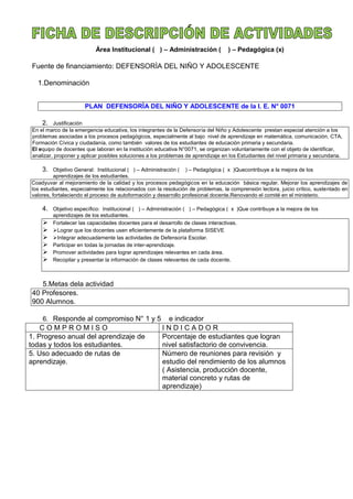 Área Institucional ( ) – Administración ( ) – Pedagógica (x)
Fuente de financiamiento: DEFENSORÌA DEL NIÑO Y ADOLESCENTE
1.Denominación
PLAN DEFENSORÌA DEL NIÑO Y ADOLESCENTE de la I. E. N° 0071
2. Justificación
En el marco de la emergencia educativa, los integrantes de la Defensoría del Niño y Adolescente prestan especial atención a los
problemas asociadas a los procesos pedagógicos, especialmente al bajo nivel de aprendizaje en matemática, comunicación, CTA,
Formación Cívica y ciudadanía, como también valores de los estudiantes de educación primaria y secundaria.
El equipo de docentes que laboran en la institución educativa N°0071, se organizan voluntariamente con el objeto de identificar,
analizar, proponer y aplicar posibles soluciones a los problemas de aprendizaje en los Estudiantes del nivel primaria y secundaria.
3. Objetivo General: Institucional ( ) – Administración ( ) – Pedagógica ( x )Quecontribuye a la mejora de los
aprendizajes de los estudiantes.
Coadyuvar al mejoramiento de la calidad y los procesos pedagógicos en la educación básica regular. Mejorar los aprendizajes de
los estudiantes, especialmente los relacionados con la resolución de problemas, la comprensión lectora, juicio crítico, sustentado en
valores, fortaleciendo el proceso de autoformación y desarrollo profesional docente.Renovando el comité en el ministerio.
4. Objetivo específico: Institucional ( ) – Administración ( ) – Pedagógica ( x )Que contribuye a la mejora de los
aprendizajes de los estudiantes.
 Fortalecer las capacidades docentes para el desarrollo de clases interactivas.
 Lograr que los docentes usen eficientemente de la plataforma SISEVE
 Integrar adecuadamente las actividades de Defensoría Escolar.
 Participar en todas la jornadas de inter-aprendizaje.
 Promover actividades para lograr aprendizajes relevantes en cada área.
 Recopilar y presentar la información de clases relevantes de cada docente.
5.Metas dela actividad
40 Profesores.
900 Alumnos.
6. Responde al compromiso N° 1 y 5 e indicador
C O M P R O M I S O I N D I C A D O R
1. Progreso anual del aprendizaje de
todas y todos los estudiantes.
Porcentaje de estudiantes que logran
nivel satisfactorio de convivencia.
5. Uso adecuado de rutas de
aprendizaje.
Número de reuniones para revisión y
estudio del rendimiento de los alumnos
( Asistencia, producción docente,
material concreto y rutas de
aprendizaje)
 