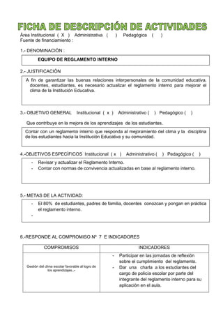Àrea Institucional ( X ) Administrativa ( ) Pedagógica ( )
Fuente de financiamiento :
1.- DENOMINACIÒN :
2.- JUSTIFICACIÒN
3.- OBJETIVO GENERAL Institucional ( x ) Administrativo ( ) Pedagógico ( )
Que contribuye en la mejora de los aprendizajes de los estudiantes.
4.-OBJETIVOS ESPECÌFICOS Institucional ( x ) Administrativo ( ) Pedagógico ( )
5.- METAS DE LA ACTIVIDAD:
6.-RESPONDE AL COMPROMISO Nº 7 E INDICADORES
COMPROMISOS INDICADORES
Gestiòn del clima escolar favorable al logro de
los aprendizajes..-
- Participar en las jornadas de reflexión
sobre el cumplimiento del reglamento.
- Dar una charla a los estudiantes del
cargo de policía escolar por parte del
integrante del reglamento interno para su
aplicación en el aula.
EQUIPO DE REGLAMENTO INTERNO
A fin de garantizar las buenas relaciones interpersonales de la comunidad educativa,
docentes, estudiantes, es necesario actualizar el reglamento interno para mejorar el
clima de la Institución Educativa.
Contar con un reglamento interno que responda al mejoramiento del clima y la disciplina
de los estudiantes hacia la Institución Educativa y su comunidad.
- Revisar y actualizar el Reglamento Interno.
- Contar con normas de convivencia actualizadas en base al reglamento interno.
- El 80% de estudiantes, padres de familia, docentes conozcan y pongan en práctica
el reglamento interno.
-
 