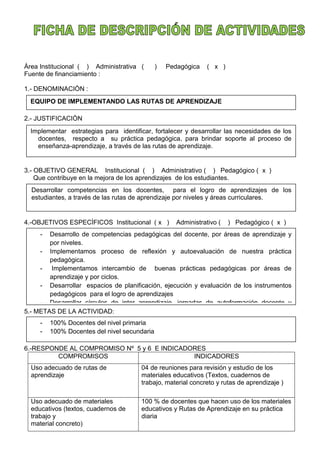 Àrea Institucional ( ) Administrativa ( ) Pedagógica ( x )
Fuente de financiamiento :
1.- DENOMINACIÒN :
2.- JUSTIFICACIÒN
3.- OBJETIVO GENERAL Institucional ( ) Administrativo ( ) Pedagógico ( x )
Que contribuye en la mejora de los aprendizajes de los estudiantes.
4.-OBJETIVOS ESPECÌFICOS Institucional ( x ) Administrativo ( ) Pedagógico ( x )
5.- METAS DE LA ACTIVIDAD:
6.-RESPONDE AL COMPROMISO Nº 5 y 6 E INDICADORES
COMPROMISOS INDICADORES
Uso adecuado de rutas de
aprendizaje
04 de reuniones para revisión y estudio de los
materiales educativos (Textos, cuadernos de
trabajo, material concreto y rutas de aprendizaje )
Uso adecuado de materiales
educativos (textos, cuadernos de
trabajo y
material concreto)
100 % de docentes que hacen uso de los materiales
educativos y Rutas de Aprendizaje en su práctica
diaria
EQUIPO DE IMPLEMENTANDO LAS RUTAS DE APRENDIZAJE
Implementar estrategias para identificar, fortalecer y desarrollar las necesidades de los
docentes, respecto a su práctica pedagógica, para brindar soporte al proceso de
enseñanza-aprendizaje, a través de las rutas de aprendizaje.
Desarrollar competencias en los docentes, para el logro de aprendizajes de los
estudiantes, a través de las rutas de aprendizaje por niveles y áreas curriculares.
- Desarrollo de competencias pedagógicas del docente, por áreas de aprendizaje y
por niveles.
- Implementamos proceso de reflexión y autoevaluación de nuestra práctica
pedagógica.
- Implementamos intercambio de buenas prácticas pedagógicas por áreas de
aprendizaje y por ciclos.
- Desarrollar espacios de planificación, ejecución y evaluación de los instrumentos
pedagógicos para el logro de aprendizajes
- Desarrollar círculos de inter aprendizaje, jornadas de autoformación docente y
- 100% Docentes del nivel primaria
- 100% Docentes del nivel secundaria
 