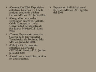 • -Generación 2004. Exposición
colectiva. Galerías 1 y 2 de la
antigua academia de San
Carlos. México D.F. Junio 2004.
• -Geografías personales.
Exposición colectiva. Galería,
Celda Conceptual de la
Universidad del claustro de
Sor Juana. México D.F. Junio
2004.
• -Tareas. Exposición colectiva.
Galería de la Universidad
Tecnológica de Tecámac Edo.
México. Julio del 2004.
• -Dibujos 4X. Exposición
colectiva. Galería del
CECIMAC México D.F. Junio-
julio del 2005
• -Cuadritos y cuadrotes, la vida
en unos cuantos.
• Exposición individual en el
INJUVE. México D.F. agosto
del 2006
 