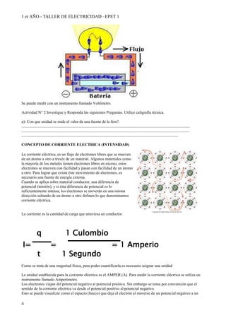 1 er AÑO - TALLER DE ELECTRICIDAD –EPET 1 
Se puede medir con un instrumento llamado Voltímetro. 
Actividad N° 2 Investigue y Responda las siguientes Preguntas. Utilice caligrafía técnica. 
a)- Con que unidad se mide el valor de una fuente de la fem?. 
......................................................................................................................................................................... 
......................................................................................................................................................................... 
............................................................................................................................................................. 
CONCEPTO DE CORRIENTE ELECTRICA (INTENSIDAD) 
La corriente eléctrica, es un flujo de electrones libres que se mueven 
de un átomo a otro a través de un material. Algunos materiales como 
la mayoría de los metales tienen electrones libres en exceso, estos 
electrones se mueven con facilidad y pasan con facilidad de un átomo 
a otro. Para lograr que exista éste movimiento de electrones, es 
necesario una fuente de energía externa. 
Cuando se aplica sobre material conductor, una diferencia de 
potencial (tensión), y si ésta diferencia de potencial es lo 
suficientemente intensa, los electrones se moverán en una misma 
dirección saltando de un átomo a otro definen lo que denominamos 
corriente eléctrica. 
La corriente es la cantidad de carga que atraviesa un conductor. 
Como se trata de una magnitud física, para poder cuantificarla es necesario asignar una unidad 
La unidad establecida para la corriente eléctrica es el AMPER (A). Para medir la corriente eléctrica se utiliza un 
instrumento llamado Amperímetro. 
Los electrones viajan del potencial negativo al potencial positivo. Sin embargo se toma por convención que el 
sentido de la corriente eléctrica va desde el potencial positivo al potencial negativo. 
Esto se puede visualizar como el espacio (hueco) que deja el electrón al moverse de un potencial negativo a un 
4 
q 1 Culombio 
I= = = 1 Amperio 
t 1 Segundo 
 