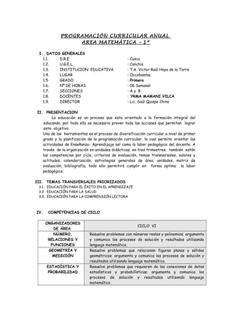 PROGRAMACIÓN CURRICULAR ANUAL
AREA MATEMÁTICA – 1º
I. DATOS GENERALES
1.1. D.R.E : Cusco
1.2. U.G.E.L. : Canchis
1.3. INSTITUCION EDUCATIVA : T.A. Victor Raúl Haya de la Torre
1.4. LUGAR : Occobamba
1.5 GRADO : Primero
1.6. Nº DE HORAS : 06 Semanal
1.7. SECCIONES : A y B
1.8. DOCENTES : YRMA MAMANI VILCA
1.9. DIRECTOR : Lic. Saúl Quispe Chino
II. PRESENTACION
La educación es un proceso que esta orientado a la formación integral del
educando, por todo ello es necesario prever toda las acciones que permitan lograr
este objetivo.
Una de las herramientas es el proceso de diversificación curricular a nivel de primer
grado y la planificación de la programación curricular, la cual permite orientar las
actividades de Enseñanza- Aprendizaje así como la labor pedagógica del docente. A
través de la organización en unidades didácticas en tres trimestres; también están
las competencias por ciclo, criterios de evaluación, temas transversales, valores y
actitudes, calendarización, estrategias generales de área, unidades, matriz de
evaluación, bibliografía; todo ello permitirá cumplir en forma optima la labor
pedagógica.
III. TEMAS TRANSVERSALES PRIORIZADOS
3.1. EDUCACIÓN PARA EL ÉXITO EN EL APRENDIZAJE
3.2. EDUCACIÓN PARA LA SALUD
3.3. EDUCACIÓN PARA LA COMPRENSIÓN LECTORA
IV. COMPETENCIAS DE CICLO
ORGANIZADORES
DE ÁREA
CICLO VI
NÚMERO,
RELACIONES Y
FUNCIONES
Resuelve problemas con números reales y polinomios; argumenta
y comunica los procesos de solución y resultados utilizando
lenguaje matemático.
GEOMETRÍA Y
MEDICIÓN
Resuelve problemas que relacionan figuras planas y sólidos
geométricos; argumenta y comunica los procesos de solución y
resultados utilizando lenguaje matemático.
ESTADÍSTICA Y
PROBABILIDAD
Resuelve problemas que requieren de las conexiones de datos
estadísticos y probabilísticas; argumenta y comunica los
procesos de solución y resultados utilizando lenguaje
matemático
 
