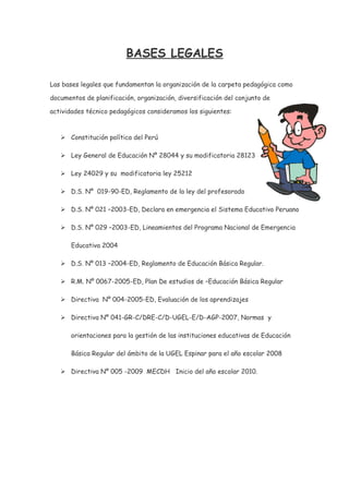 BASES LEGALES
Las bases legales que fundamentan la organización de la carpeta pedagógica como
documentos de planificación, organización, diversificación del conjunto de
actividades técnico pedagógicos consideramos los siguientes:
 Constitución política del Perú
 Ley General de Educación Nº 28044 y su modificatoria 28123
 Ley 24029 y su modificatoria ley 25212
 D.S. Nº 019-90-ED, Reglamento de la ley del profesorado
 D.S. Nº 021 –2003-ED, Declara en emergencia el Sistema Educativo Peruano
 D.S. Nº 029 –2003-ED, Lineamientos del Programa Nacional de Emergencia
Educativa 2004
 D.S. Nº 013 –2004-ED, Reglamento de Educación Básica Regular.
 R.M. Nº 0067-2005-ED, Plan De estudios de –Educación Básica Regular
 Directiva Nº 004-2005-ED, Evaluación de los aprendizajes
 Directiva Nº 041-GR-C/DRE-C/D-UGEL-E/D-AGP-2007, Normas y
orientaciones para la gestión de las instituciones educativas de Educación
Básica Regular del ámbito de la UGEL Espinar para el año escolar 2008
 Directiva Nº 005 -2009 MECDH Inicio del año escolar 2010.
 