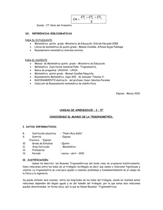 3
CTCTCT
CA 321 ++
=
Donde; CT: Nota del trimestre
XX. REFERENCIAS BIBLIOGRAFICAS
PARA EL ESTUDIANTE:
• Matemática quinto grado -Ministerio de Educación -Edición Nocedal 2008
• Libros de matemática de quinto grado : Manuel Coveñas, Alfonso Rojas Puémape
• Razonamiento matemático diversos autores.
PARA EL DOCENTE
• Manual de Matemática quinto grado – Ministerio de Educación.
• Matemática Juan Carlos Sandoval Peña- Trigonometría.
• Banco de preguntas UNSAAC - UNSA.
• Matemática quinto grado Manuel Caveñas Naquiche.
• Razonamiento Matemático, Siglo XXI de Salvador Timoteo V.
• RAZONAMIENTO abstracto del profesor Cesar Sánchez Paredes
• Colección de Razonamiento matemático de Adolfo Povis
Espinar, Marzo 2010.
UNIDAD DE APRENDIZAJE – I – 5º
CONOCIENDO EL MUNDO DE LA TRIGONOMETRÍA.
I. DATOS INFORMATIVOS:
8. Institución educativa : “Pedro Ruiz Gallo”
9. Distrito : Espinar
Provincia : Espinar
10. Grado de Estudios : Quinto
11. Área Curricular : Matemática
12. Profesores :
13. Periodo : marzo – abril - 2010
II. JUSTIFICACIÓN.
Vamos ha describir las Razones Trigonométricas del modo como se originaron históricamente.
Como relaciones entre los lados de un triángulo rectángulo es decir que vamos a relacionar hipotenusa y
catetos. La trigonometría se creó para ayudar a resolver problemas y fundamentalmente en el campo de
la física y la ingeniería.
Se puede obtener seis razones entre las longitudes de los lados del triángulo, donde en realidad estas
relaciones dependen del ángulo agudo y no del tamaño del triángulo, por lo que estas seis relaciones
quedan determinadas en forma única por lo que se llaman Razones Trigonométricas.
 