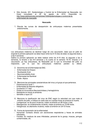 112
3. Sitio Avicola. 201. Epidemiologia y Control de la Enfermedad de Newcastle. (en
línea) consultado el 26 de agosto de 2014. Disponible en.
http://www.elsitioavicola.com/articles/1936/epidemiologaa-y-control-de-la-
enfermedad-de-newcastle.
Newcastle
1. Discuta las curvas de desaparición de anticuerpos maternos presentadas
anteriormente.
Los anticuerpos maternos se declinan luego de una vacunación, dado que en pollo de
engorde la primera aplicación se debe hacer entre los 8-10 días de edad, la segunda dosis y
a las 4 semanas.
Gallina la primera aplicación se debe realizar entre los 8-10 días, la segunda a las 4
semanas, la tercera a las 8-9 semanas y la cuarta en la semana 16-18. Gracias a la
vacunación, ya hay anticuerpos, de Newcastle por lo que la inmunidad del pollo va
mejorando, por lo que los anticuerpos maternos pierden su efecto.
2. Sinonimia de la Enfermedad de ENC.
- Enfermedad de Chasen
- Seudopeste Aviar
- Neumoencefalitis Aviar
- Enfermedad de Ranikhet
- Peste Atipica
3. Mencione las principales características del virus y el grupo al que pertenece.
- Paramoxovirus Aviar 1
- Enfermedad de Reporte obligatorio
- Incubacion 2-7 dias
- Posee en la envoltura Neuroaminidasa y hemaglutinina
- Resistente en heces al ambiente
- Sensible a rayos UV
4. Mencione la clasificación del virus de ENC según la velocidad con que mata al
embrión de pollo, e indique en cada caso en cuantas horas se produce la muerte.
- Lentigenicas: es de poca virulencia, matan al embrión en 96 horas o más.
- Mesogenicas: es moderamente virulenta, matan al embrión en 72-96 horas.
- Velogenicas: es altamente virulenta, matan al embrión en 24-72 horas.
5. Forma de transmisión de la enfermedad.
- Horizontal: Contacto directo con secreciones respiratorias y heces de animales
infectados.
- Fómites: En residuos de aves infectadas, personal de la granja, moscas, jeringas
contaminadas, etc.
 