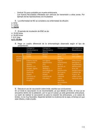 113
- Vertical: Es poco probable por muerte embrionaria.
Los huevos fecundados infectados son vehículo de transmisión a otras zonas. Por
ejemplo de las reproductoras a la incubadora
6. La enfermedad de NC se considera una enfermedad de difusión.
a. lenta
b. media
c. rápida
7. El periodo de incubación de ENC es de:
d. 18-36 horas
e. 24-48 horas
f. 4-21 días
g. 6 –12 días
8. Haga un cuadro diferencial de la sintomatología observada según el tipo de
presentación.
9. Discuta el uso de vacunación sobre brote, escriba sus conclusiones.
En un brote la vacunación no es recomendable, ya que debido al brote, el virus ya se
encuentra dentro de la población, por lo que el cuerpo ya está generando anticuerpos.
La razón de realizar la vacunación es para la creación de anticuerpos, y en casos de
brotes, no es muy favorable. Depende también la virulencia de la cepa, el tiempo en que
esta infecte y mate al pollo.
Velógena
Viscerotrópica
(ENVV)
Velógena
Neurotrópica
(ENVN)
Mesogénica Lentogénicas
Respiratorias
Doyle Beach Beaudette Hitchner
Muerte
(edad)
Todas Todas Aves
jóvenes
Sólo pollitos
Signos Edema facial,
conjuntivitis,
disnea,
diarrea con
sangre, signos
nerviosos
(torticulis,
ataxia,
caminar en
círculos) y
muerte.
Los signos
respiratorios
(Tos,
boqueo,
disnea) y
neurológicos
(torticulis,
ataxia,
caminar en
círculos.).
Signos
respiratorios
leves y
decae un
poco
producción
de huevo.
Pueden
utilizarse
como
vacunas
secundarias
vivas.
Infecciones
benignas o
inaparentes,
disminución
leve de
producción y
calidad de
huevo, se
utiliza como
vacuna viva.
 