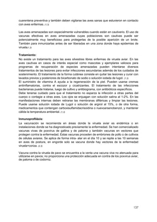 137
cuarentena preventiva y también deben vigilarse las aves sanas que estuvieron en contacto
con aves enfermas. (1,3)
Las aves amenazadas son especialmente vulnerables cuando están en cautiverio. El uso de
vacunas efectivas en aves amenazadas cuyas poblaciones son cautivas puede ser
potencialmente muy beneficioso para protegerlas de la posible aparición de un brote.
También para inmunizarlas antes de ser liberadas en una zona donde haya epidemias de
viruela(1,3)
Tratamiento:
No existe un tratamiento para las aves silvestres libres enfermas de viruela aviar. En las
aves cautivas en casos de interés especial como mascotas y ejemplares valiosos para
programas de recuperación de especies amenazadas pueden intentarse diversos
tratamientos de las lesiones para evitar infecciones secundarias además de los cuidados de
sostenimiento. El tratamiento de la forma cutánea consiste en quitar las lesiones y curar con
lavados previos y posteriores de bicarbonato de sodio o solución iodada de lugol. (1,3)
El suministro de vitamina A ayuda a la regeneración de la piel. Pueden usarse cremas
antiinflamatorias, contra el escozor y cicatrizantes. El tratamiento de las infecciones
bacterianas puede tratarse, luego de cultivo y antibiograma, con antibióticos específicos.
Debe tenerse cuidado para que el tratamiento no esparza la infección a otras partes del
cuerpo o contagie a otras aves. Los ojos se enjuagan con solución salina al 1-2%. En las
manifestaciones internas deben retirarse las membranas diftéricas y limpiar las lesiones.
Puede usarse solución iodada de Lugol o solución de argirol al 15%, o de otra forma,
medicamentos que contengan carboxisulfamidacrisoidina o nuevoarsenobenzol, y mantener
cálida la temperatura ambiental. (1,3)
Inmunoprofiláxis:
La vacunación se recomienda en áreas donde la viruela aviar es endémica o en
instalaciones donde se ha diagnosticado previamente la enfermedad. Se han comercializado
vacunas vivas de poxvirus de gallina y de paloma y también vacunas en vectores que
protegen contra la enfermedad. Estas vacunas proceden de embriones de pollo o de cultivos
de células aviares. Se aplica de forma intra- alar en el día 10 y se repite a las 10 semanas
en aves de postura, en engorde solo se vacuna donde hay vectores de la enfermedad
viruela+coriza. (2,3)
Vacuna contra la viruela de pavo se encuentra a la venta una vacuna viva no atenuada para
utilizarse en pavos; no proporciona una protección adecuada en contra de los poxvirus aviar,
de paloma o de codorniz.
 