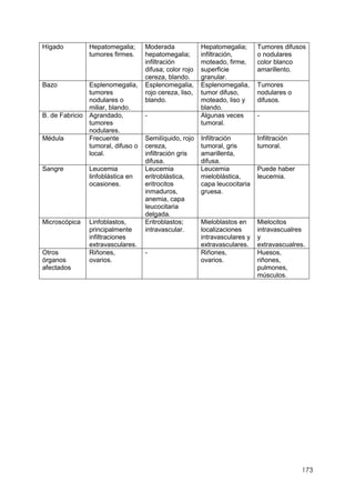 173
Hígado Hepatomegalia;
tumores firmes.
Moderada
hepatomegalia;
infiltración
difusa; color rojo
cereza, blando.
Hepatomegalia;
infiltración,
moteado, firme,
superficie
granular.
Tumores difusos
o nodulares
color blanco
amarillento.
Bazo Esplenomegalia,
tumores
nodulares o
miliar, blando.
Esplenomegalia,
rojo cereza, liso,
blando.
Esplenomegalia,
tumor difuso,
moteado, liso y
blando.
Tumores
nodulares o
difusos.
B. de Fabricio Agrandado,
tumores
nodulares.
- Algunas veces
tumoral.
-
Médula Frecuente
tumoral, difuso o
local.
Semilíquido, rojo
cereza,
infiltración gris
difusa.
Infiltración
tumoral, gris
amarillenta,
difusa.
Infiltración
tumoral.
Sangre Leucemia
linfoblástica en
ocasiones.
Leucemia
eritroblástica,
eritrocitos
inmaduros,
anemia, capa
leucocitaria
delgada.
Leucemia
mieloblástica,
capa leucocitaria
gruesa.
Puede haber
leucemia.
Microscópica Linfoblastos,
principalmente
infiltraciones
extravasculares.
Eritroblastos;
intravascular.
Mieloblastos en
localizaciones
intravasculares y
extravasculares.
Mielocitos
intravascualres
y
extravascualres.
Otros
órganos
afectados
Riñones,
ovarios.
- Riñones,
ovarios.
Huesos,
riñones,
pulmones,
músculos.
 