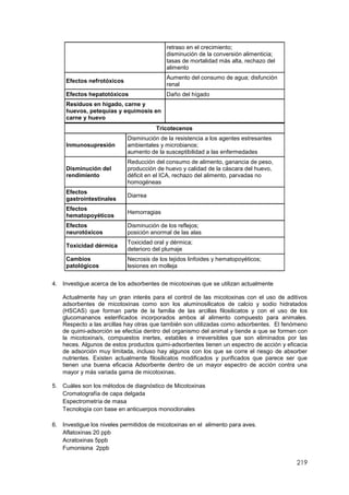 219
retraso en el crecimiento;
disminución de la conversión alimenticia;
tasas de mortalidad más alta, rechazo del
alimento
Efectos nefrotóxicos
Aumento del consumo de agua; disfunción
renal
Efectos hepatotóxicos Daño del hígado
Residuos en hígado, carne y
huevos, petequias y equimosis en
carne y huevo
Tricotecenos
Inmunosupresión
Disminución de la resistencia a los agentes estresantes
ambientales y microbianos;
aumento de la susceptibilidad a las enfermedades
Disminución del
rendimiento
Reducción del consumo de alimento, ganancia de peso,
producción de huevo y calidad de la cáscara del huevo,
déficit en el ICA, rechazo del alimento, parvadas no
homogéneas
Efectos
gastrointestinales
Diarrea
Efectos
hematopoyéticos
Hemorragias
Efectos
neurotóxicos
Disminución de los reflejos;
posición anormal de las alas
Toxicidad dérmica
Toxicidad oral y dérmica;
deterioro del plumaje
Cambios
patológicos
Necrosis de los tejidos linfoides y hematopoyéticos;
lesiones en molleja
4. Investigue acerca de los adsorbentes de micotoxinas que se utilizan actualmente
Actualmente hay un gran interés para el control de las micotoxinas con el uso de aditivos
adsorbentes de micotoxinas como son los aluminosilicatos de calcio y sodio hidratados
(HSCAS) que forman parte de la familia de las arcillas filosilicatos y con el uso de los
glucomananos esterificados incorporados ambos al alimento compuesto para animales.
Respecto a las arcillas hay otras que también son utilizadas como adsorbentes. El fenómeno
de quimi-adsorción se efectúa dentro del organismo del animal y tiende a que se formen con
la micotoxina/s, compuestos inertes, estables e irreversibles que son eliminados por las
heces. Algunos de estos productos quimi-adsorbentes tienen un espectro de acción y eficacia
de adsorción muy limitada, incluso hay algunos con los que se corre el riesgo de absorber
nutrientes. Existen actualmente filosilicatos modificados y purificados que parece ser que
tienen una buena eficacia Adsorbente dentro de un mayor espectro de acción contra una
mayor y más variada gama de micotoxinas.
5. Cuáles son los métodos de diagnóstico de Micotoxinas
Cromatografía de capa delgada
Espectrometría de masa
Tecnología con base en anticuerpos monoclonales
6. Investigue los niveles permitidos de micotoxinas en el alimento para aves.
Aflatoxinas 20 ppb
Acratoxinas 5ppb
Fumonisina 2ppb
 