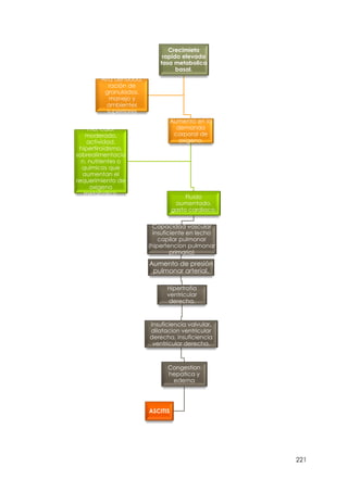 221
Crecimieto
rapido elevada
tasa metabolica
basal.
Aumento en la
demanda
corporal de
oxigeno.
Fluido
aumentado,
gasto cardiaco.
Capacidad vascular
insuficiente en lecho
capilar pulmonar
(hipertencion pulmonar
primaria)
Aumento de presión
pulmonar arterial.
Hipertrofia
ventricular
derecha.
Insuficiencia valvular,
dilatacion ventricular
derecha, insuficiencia
ventricular derecha.
Congestion
hepatica y
edema
ASCITIS
Frio, calor
moderado,
actividad,
hipertiroidismo,
sobrealimentacio
n, nutrientes o
quimicos que
aumentan el
requerimiento de
oxigeno
metabolico.
Alta densidad,
ración de
granulados,
manejo y
ambientes
superriores
 