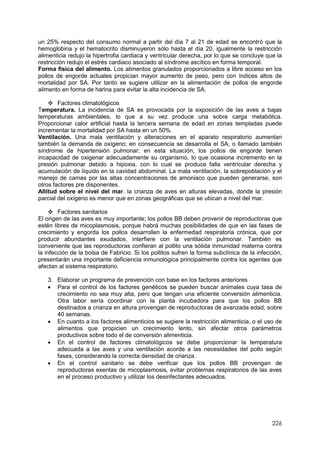 226
un 25% respecto del consumo normal a partir del día 7 al 21 de edad se encontró que la
hemoglobina y el hematocrito disminuyeron sólo hasta el día 20, igualmente la restricción
alimenticia redujo la hipertrofia cardiaca y ventricular derecha, por lo que se concluye que la
restricción redujo el estrés cardiaco asociado al síndrome ascítico en forma temporal.
Forma física del alimento. Los alimentos granulados proporcionados a libre acceso en los
pollos de engorde actuales propician mayor aumento de peso, pero con índices altos de
mortalidad por SA. Por tanto se sugiere utilizar en la alimentación de pollos de engorde
alimento en forma de harina para evitar la alta incidencia de SA.
 Factores climatológicos
Temperatura. La incidencia de SA es provocada por la exposición de las aves a bajas
temperaturas ambientales, lo que a su vez produce una sobre carga metabólica.
Proporcionar calor artificial hasta la tercera semana de edad en zonas templadas puede
incrementar la mortalidad por SA hasta en un 50%.
Ventilación. Una mala ventilación y alteraciones en el aparato respiratorio aumentan
también la demanda de oxígeno; en consecuencia se desarrolla el SA, o llamado también
síndrome de hipertensión pulmonar; en esta situación, los pollos de engorde tienen
incapacidad de oxigenar adecuadamente su organismo, lo que ocasiona incremento en la
presión pulmonar debido a hipoxia, con lo cual se produce falla ventricular derecha y
acumulación de líquido en la cavidad abdominal. La mala ventilación, la sobrepoblación y el
manejo de camas por las altas concentraciones de amoniaco que pueden generarse, son
otros factores pre disponentes.
Altitud sobre el nivel del mar. la crianza de aves en alturas elevadas, donde la presión
parcial del oxígeno es menor que en zonas geográficas que se ubican a nivel del mar.
 Factores sanitarios
El origen de las aves es muy importante; los pollos BB deben provenir de reproductoras que
estén libres de micoplasmosis, porque habrá muchas posibilidades de que en las fases de
crecimiento y engorda los pollos desarrollen la enfermedad respiratoria crónica, que por
producir abundantes exudados, interfiere con la ventilación pulmonar. También es
conveniente que las reproductoras confieran al pollito una sólida inmunidad materna contra
la infección de la bolsa de Fabricio. Si los pollitos sufren la forma subclínica de la infección,
presentarán una importante deficiencia inmunológica principalmente contra los agentes que
afectan al sistema respiratorio.
3. Elaborar un programa de prevención con base en los factores anteriores
 Para el control de los factores genéticos se pueden buscar animales cuya tasa de
crecimiento no sea muy alta, pero que tengan una eficiente conversión alimenticia.
Otra labor sería coordinar con la planta incubadora para que los pollos BB
destinados a crianza en altura provengan de reproductoras de avanzada edad, sobre
40 semanas.
 En cuanto a los factores alimenticios se sugiere la restricción alimenticia, o el uso de
alimentos que propicien un crecimiento lento, sin afectar otros parámetros
productivos sobre todo el de conversión alimenticia.
 En el control de factores climatológicos se debe proporcionar la temperatura
adecuada a las aves y una ventilación acorde a las necesidades del pollo según
fases, considerando la correcta densidad de crianza.
 En el control sanitario se debe verificar que los pollos BB provengan de
reproductoras exentas de micoplasmosis, evitar problemas respiratorios de las aves
en el proceso productivo y utilizar los desinfectantes adecuados.
 