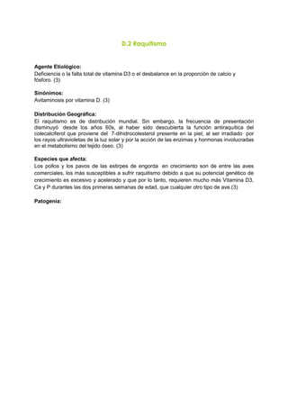 D.2 Raquitismo
Agente Etiológico:
Deficiencia o la falta total de vitamina D3 o el desbalance en la proporción de calcio y
fósforo. (3)
Sinónimos:
Avitaminosis por vitamina D. (3)
Distribución Geográfica:
El raquitismo es de distribución mundial. Sin embargo, la frecuencia de presentación
disminuyó desde los años 60s, al haber sido descubierta la función antiraquítica del
colecalciferol que proviene del 7-dihidrocolesterol presente en la piel, al ser irradiado por
los rayos ultravioletas de la luz solar y por la acción de las enzimas y hormonas involucradas
en el metabolismo del tejido óseo. (3)
Especies que afecta:
Los pollos y los pavos de las estirpes de engorda en crecimiento son de entre las aves
comerciales, los más susceptibles a sufrir raquitismo debido a que su potencial genético de
crecimiento es excesivo y acelerado y que por lo tanto, requieren mucho más Vitamina D3,
Ca y P durantes las dos primeras semanas de edad, que cualquier otro tipo de ave.(3)
Patogenia:
 