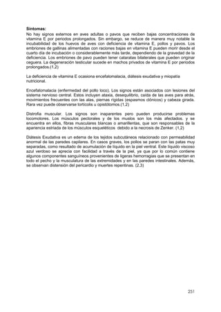251
Síntomas:
No hay signos externos en aves adultas o pavos que reciben bajas concentraciones de
vitamina E por periodos prolongados. Sin embargo, se reduce de manera muy notable la
incubabilidad de los huevos de aves con deficiencia de vitamina E, pollos y pavos. Los
embriones de gallinas alimentadas con raciones bajas en vitamina E pueden morir desde el
cuarto día de incubación o considerablemente más tarde, dependiendo de la gravedad de la
deficiencia. Los embriones de pavo pueden tener cataratas bilaterales que pueden originar
ceguera. La degeneración testicular sucede en machos privados de vitamina E por periodos
prolongados.(1,2)
La deficiencia de vitamina E ocasiona encefalomalacia, diátesis exudativa y miopatía
nutricional.
Encefalomalacia (enfermedad del pollo loco). Los signos están asociados con lesiones del
sistema nervioso central. Estos incluyen ataxia, desequilibrio, caída de las aves para atrás,
movimientos frecuentes con las alas, piernas rígidas (espasmos clónicos) y cabeza girada.
Rara vez puede observarse tortícolis u opistótomos.(1,2)
Distrofia muscular. Los signos son inaparentes pero pueden producirse problemas
locomotores. Los músculos pectorales y de los muslos son los más afectados. y se
encuentra en ellos, fibras musculares blancas o amarillentas, que son responsables de la
apariencia estriada de los músculos esqueléticos debido a la necrosis de Zenker. (1,2)
Diátesis Exudativa es un edema de los tejidos subcutáneos relacionado con permeabilidad
anormal de las paredes capilares. En casos graves, los pollos se paran con las patas muy
separadas, como resultado de acumulación de líquido en la piel ventral. Este líquido viscoso
azul verdoso se aprecia con facilidad a través de la piel, ya que por lo común contiene
algunos componentes sanguíneos provenientes de ligeras hemorragias que se presentan en
todo el pecho y la musculatura de las extremidades y en las paredes intestinales. Además,
se observan distensión del pericardio y muertes repentinas. (2,3)
 