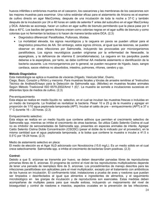24
huevos infértiles o embriones muertos en el cascaron, los cascarones y las membranas de los cascarones son
las mejores muestras para examinar. Una rutina estándar eficaz para el aislamiento de Arizona es el examen
de cultivo directo en agar MacConkey, después de una incubación de toda la noche a 37◦C y también
después de la incubación por 24 a 48 horas en caldo de selenita F antes del subcultivo en el agar MacConkey
y DCA. Además se aconseja, hacer un cultivo en agar sulfito de bismuto permitiendo que la placa pase por 4
dias a 40°C. Los bacilos del genero Arizona crecen como colonias negras en el agar sulfito de bismuto y como
colonias que no fermentan la lactosa o lo hacen de manera tardia sobre DCA. (2,3)
 Diagnóstico diferencial: Paratifoidea, Pullorosis, tifoidea.
 La mortalidad elevada, los signos neurológicos y la ceguera en pavos se pueden utilizar para el
diagnóstico presuntivo de AA. Sin embargo, estos signos clínicos, al igual que las lesiones, se pueden
observar en otras infecciones por Salmonella, incluyendo las provocadas por microorganismos
paratifoideos. Los signos neurológicos pueden originarse por la enfermedad de Newcastle, la
aspergilosis, y la deficiencia de vitamina E (encefalomalacia). La ceguera en los pavipollos puede
deberse a la aspergilosis, por tanto, se debe confirmar AA mediante aislamiento e identificación de la
bacteria causante. Los microorganismos por lo general, se pueden recuperar de hígado, bazo, sangre
cardiaca, sacos vitelinos no absorbidos, intestino, pulmones, riñones, cerebro y ojo.
Método Diagnóstico
Esta metodología se aplica a muestras de vísceras (Hígado, Vesícula biliar, Ovario,
Ciego, Bazo, Corazón y Riñón) y meconio. Para muestras fecales y tórulas de arrastre remitirse al “Instructivo
Técnico de Análisis/Ensayo para la Detección de Salmonella spp. (Móviles) en muestras fecales animales
Según Método Tradicional ISO 6579.2002/Amd 1 (E)”. La muestra se somete a incubaciones sucesivas en
diferentes tipos de medios de cultivo. (2,3)
Pre-enriquecimiento
Esta etapa se realiza en medio líquido no selectivo, en el cual se incuban las muestras frescas o incluidas en
un medio de transporte. La finalidad es revitalizar la bacteria. Pesar 10 a 25 g de la muestra y agregar en
proporción de 1/10 agua peptonada tamponada (APT). Incubar el caldo de pre – enriquecimiento (APT) a 37 ±
1° C durante 16 – 20 horas. (2,3)
Enriquecimiento selectivo:
Esta etapa se realiza en un medio líquido que contiene aditivos que permiten el crecimiento selectivo de
Salmonella spp. mientras se inhibe el crecimiento de otras bacterias. Se utiliza Caldo Selenito Cistina el cual
no es inhibidor de serovariedades de Salmonella spp. presentes en especies animales de interés. Agregar
Caldo Selenito Cistina Doble Concentración (CSCDC) (pesar el doble de lo indicado por el proveedor), en la
misma cantidad que el agua peptonada tamponada, a la bolsa que contiene la muestra e incube a 41.5 ±
0.5°C por 18-24 horas. (2,3)
Medio de aislamiento selectivo en placa:
El medio de elección es el Agar XLD adicionado con Novobiocina (15.6 mg/L). Es un medio sólido en el cual
crece selectivamente Salmonella spp. e inhibe el crecimiento de bacterias Gram positivas. (2,3)
Control:
Debido a que S. arizonae se transmite por huevo, se deben desarrollar parvadas libres de reproductoras
primarias libres de S. arizonae. El programa de control al nivel de los reproductores multiplicadores depende
de tener una parvada de reemplazo libre de S. arizonae. Los procedimientos de manejo descritos para las
infecciones paratifoideas son aplicables para el nivel multiplicador, excepto por el tratamiento con antibióticos
de los huevos en incubación. El confinamiento total, instalaciones a prueba de aves y roedores que puedan
ser limpiados v desinfectados al igual que alimentos e ingredientes de alimentos, y el seguimiento
microbiológico en las granjas de incubación y de reproductores son esenciales. Estas medidas deben
acompañarse de multiples pasos para que resulte exitosa, incluyendo un mejoramiento del nivel de
bioseguridad y control de roedores e insectos, aspectos crusiales en la prevención de las infecciones.
 