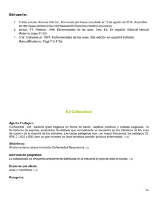 26
Bibliografías:
1. El sitio avícola. Arizona infection, Arizonosis (en línea) consultado el 13 de agosto de 2014, disponible
en http://www.elsitioavicola.com/diseaseinfo/5/arizona-infection-arizonosis
2. Jordan. FT. Pattison. 1998. Enfermedades de las aves. 3era. Ed. En español. Editorial Manual
Moderno (pags 31-33).
1. B.W. Calneket al. 1997. Enfermedades de las aves. 2da edición en español Editorial
ManualModerno. Pag(119-115).
B.3 Colibacilosis
Agente Etiológico:
Escherichia coli bacteria gram negativa en forma de bacilo, catalasa positivos y oxidasa negativos, no
formadores de esporas, anaerobios facultativos que normalmente se encuentra en los intestinos de las aves
de corral y de la mayoría de los animales. Las cepas patógenas son, con mayor frecuencia, los serotipos 02,
078, 01, 035 y 036, pero un gran número de otros serotipos también produce enfermedad. (1,2)
Sinónimos:
Síndrome de la cabeza hinchada, Enfermedad Respiratoria (1,2)
Distribución geográfica:
La colibacilosis se encuentra ampliamente distribuida en la industria avícola de todo el mundo. (1,2)
Especies que afecta:
Aves y mamíferos. (1,2)
Patogenia:
 
