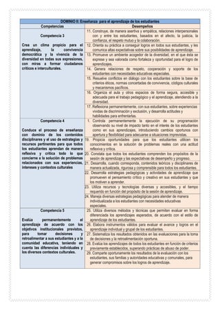 DOMINIO II: Enseñanza para el aprendizaje de los estudiantes
Competencias Desempeños
Competencia 3
Crea un clima propicio para el
aprendizaje, la convivencia
democrática y la vivencia de la
diversidad en todas sus expresiones,
con miras a formar ciudadanos
críticos e interculturales.
11. Construye, de manera asertiva y empática, relaciones interpersonales
con y entre los estudiantes, basados en el afecto, la justicia, la
confianza, el respeto mutuo y la colaboración.
12. Orienta su práctica a conseguir logros en todos sus estudiantes, y les
comunica altas expectativas sobre sus posibilidades de aprendizaje.
13. Promueve un ambiente acogedor de la diversidad, en el que ésta se
exprese y sea valorada como fortaleza y oportunidad para el logro de
aprendizajes.
14. Genera relaciones de respeto, cooperación y soporte de los
estudiantes con necesidades educativas especiales.
15. Resuelve conflictos en diálogo con los estudiantes sobre la base de
criterios éticos, normas concertadas de convivencia, códigos culturales
y mecanismos pacíficos.
16. Organiza el aula y otros espacios de forma segura, accesible y
adecuada para el trabajo pedagógico y el aprendizaje, atendiendo a la
diversidad.
17. Reflexiona permanentemente, con sus estudiantes, sobre experiencias
vividas de discriminación y exclusión, y desarrolla actitudes y
habilidades para enfrentarlas.
Competencia 4
Conduce el proceso de enseñanza
con dominio de los contenidos
disciplinares y el uso de estrategias y
recursos pertinentes para que todos
los estudiantes aprendan de manera
reflexiva y crítica todo lo que
concierne a la solución de problemas
relacionados con sus experiencias,
intereses y contextos culturales
1. Controla permanentemente la ejecución de su programación
observando su nivel de impacto tanto en el interés de los estudiantes
como en sus aprendizajes, introduciendo cambios oportunos con
apertura y flexibilidad para adecuarse a situaciones imprevistas.
19. Propicia oportunidades para que los estudiantes utilicen los
conocimientos en la solución de problemas reales con una actitud
reflexiva y crítica.
20. Constata que todos los estudiantes comprenden los propósitos de la
sesión de aprendizaje y las expectativas de desempeño y progreso.
21. Desarrolla, cuando corresponda, contenidos teóricos y disciplinares de
manera actualizada, rigurosa y comprensible para todos los estudiantes.
22. Desarrolla estrategias pedagógicas y actividades de aprendizaje que
promueven el pensamiento crítico y creativo en sus estudiantes y que
los motiven a aprender.
23. Utiliza recursos y tecnologías diversas y accesibles, y el tiempo
requerido en función del propósito de la sesión de aprendizaje.
24. Maneja diversas estrategias pedagógicas para atender de manera
individualizada a los estudiantes con necesidades educativas
especiales.
Competencia 5
Evalúa permanentemente el
aprendizaje de acuerdo con los
objetivos institucionales previstos,
para tomar decisiones y
retroalimentar a sus estudiantes y a la
comunidad educativa, teniendo en
cuenta las diferencias individuales y
los diversos contextos culturales.
25. Utiliza diversos métodos y técnicas que permiten evaluar en forma
diferenciada los aprendizajes esperados, de acuerdo con el estilo de
aprendizaje de los estudiantes.
26. Elabora instrumentos válidos para evaluar el avance y logros en el
aprendizaje individual y grupal de los estudiantes.
27. Sistematiza los resultados obtenidos en las evaluaciones para la toma
de decisiones y la retroalimentación oportuna.
28. Evalúa los aprendizajes de todos los estudiantes en función de criterios
previamente establecidos, superando prácticas de abuso de poder.
29. Comparte oportunamente los resultados de la evaluación con los
estudiantes, sus familias y autoridades educativas y comunales, para
generar compromisos sobre los logros de aprendizaje.
 