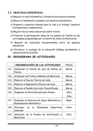 Lic,
3.2. OBJETIVOS ESPECÍFICOS
a) Mejorar el nivel informativo y formativo de nuestros alumnos.
b) Elevar el rendimiento académico de nuestros estudiantes.
c) Preparar a nuestros alumnos para la vida y el trabajo, hombres
protagonistas y competentes.
d) Mejorar las acciones educativas sobre tutoría.
e) Promover la participación plena de los padres de familia en las
actividades programadas por el Comité de Aula y la Institución.
f) Mejorar las relaciones interpersonales entre los agentes
educativos.
g) Fortalecer la ecología de la educación (diálogo permanente y
comunicación horizontal)
IV. CRONOGRAMA DE ACTIVIDADES
DENOMINACIÓN DE LAS ACTIVIDADES FECHA
4.1. Conformar el Comité de aula de Padres de
Familia
Marzo
4.2. Actualizar las Fichas y Nóminas de Matricula Marzo
4.3. Elaborar el Plan de Tutoría del Aula Marzo
4.4. Elaborar el Reglamento Interno del Aula Marzo
4.5. Elaborar el Diseño Curricular Diversificado Marzo
4.6. Organizar la Charla Escuela para Padres Abril
Julio
4.7. Organizar el Concurso de Lógico Matemático y
Razonamiento Matemático
Mayo
4.8. Participar en la Olimpiadas Deportivas
Internas
Junio
4.9. Aplicación de la Prueba de Verificación y
Monitoreo
Julio
 