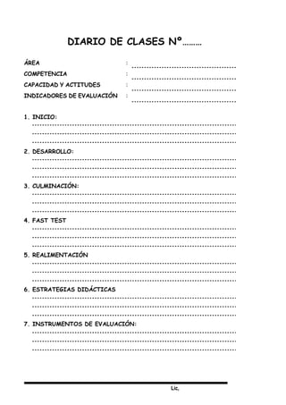 Lic,
DIARIO DE CLASES Nº………
ÁREA :
COMPETENCIA :
CAPACIDAD Y ACTITUDES :
INDICADORES DE EVALUACIÓN :
1. INICIO:
2. DESARROLLO:
3. CULMINACIÓN:
4. FAST TEST
5. REALIMENTACIÓN
6. ESTRATEGIAS DIDÁCTICAS
7. INSTRUMENTOS DE EVALUACIÓN:
 