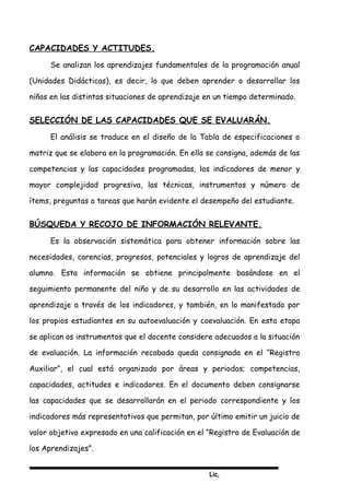 Lic,
CAPACIDADES Y ACTITUDES.
Se analizan los aprendizajes fundamentales de la programación anual
(Unidades Didácticas), es decir, lo que deben aprender o desarrollar los
niños en las distintas situaciones de aprendizaje en un tiempo determinado.
SELECCIÓN DE LAS CAPACIDADES QUE SE EVALUARÁN.
El análisis se traduce en el diseño de la Tabla de especificaciones o
matriz que se elabora en la programación. En ella se consigna, además de las
competencias y las capacidades programadas, los indicadores de menor y
mayor complejidad progresiva, las técnicas, instrumentos y número de
ítems, preguntas o tareas que harán evidente el desempeño del estudiante.
BÚSQUEDA Y RECOJO DE INFORMACIÓN RELEVANTE.
Es la observación sistemática para obtener información sobre las
necesidades, carencias, progresos, potenciales y logros de aprendizaje del
alumno. Esta información se obtiene principalmente basándose en el
seguimiento permanente del niño y de su desarrollo en las actividades de
aprendizaje a través de los indicadores, y también, en lo manifestado por
los propios estudiantes en su autoevaluación y coevaluación. En esta etapa
se aplican os instrumentos que el docente considere adecuados a la situación
de evaluación. La información recabada queda consignada en el “Registro
Auxiliar”, el cual está organizado por áreas y periodos; competencias,
capacidades, actitudes e indicadores. En el documento deben consignarse
las capacidades que se desarrollarán en el periodo correspondiente y los
indicadores más representativos que permitan, por último emitir un juicio de
valor objetivo expresado en una calificación en el “Registro de Evaluación de
los Aprendizajes”.
 