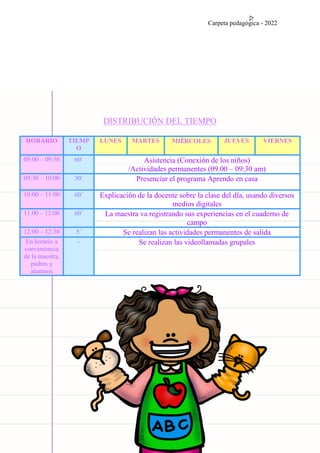 Carpeta pedagógica - 2022
DISTRIBUCIÓN DEL TIEMPO
HORARIO TIEMP
O
LUNES MARTES MIÉRCOLES JUEVES VIERNES
08:00 – 09:30 60´ Asistencia (Conexión de los niños)
/Actividades permanentes (09.00 – 09:30 am)
09:30 – 10:00 30´ Presenciar el programa Aprendo en casa
10:00 – 11:00 60´ Explicación de la docente sobre la clase del día, usando diversos
medios digitales
11.00 – 12:00 60´ La maestra va registrando sus experiencias en el cuaderno de
campo
12:00 – 12:30 5´ Se realizan las actividades permanentes de salida
En horario a
conveniencia
de la maestra,
padres y
alumnos
- Se realizan las videollamadas grupales
 