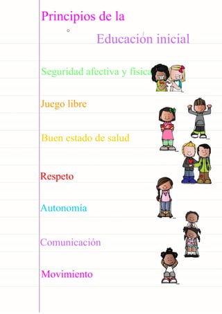 Carpeta pedagógica - 2022
Principios de la
Educacion inicial
Respeto
Juego libre
Buen estado de salud
Seguridad afectiva y física
Autonomía
Comunicación
Movimiento
o
 