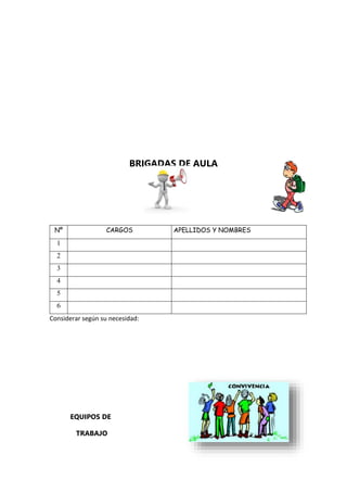 BRIGADAS DE AULA
Nº CARGOS APELLIDOS Y NOMBRES
1
2
3
4
5
6
Considerar según su necesidad:
EQUIPOS DE
TRABAJO
 