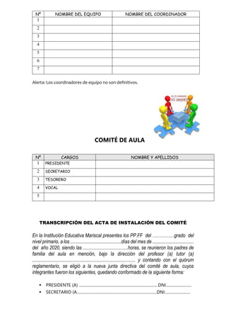 Nº NOMBRE DEL EQUIPO NOMBRE DEL COORDINADOR
1
2
3
4
5
6
7
Alerta: Los coordinadores de equipo no son definitivos.
COMITÉ DE AULA
Nº CARGOS NOMBRE Y APELLIDOS
1 PRESIDENTE
2 SECRETARIO
3 TESORERO
4 VOCAL
5
TRANSCRIPCIÓN DEL ACTA DE INSTALACIÓN DEL COMITÉ
En la Institución Educativa Mariscal presentes los PP.FF del ……………grado del
nivel primario, a los ..........................................días del mes de ..................................
del año 2020, siendo las .....................................horas, se reunieron los padres de
familia del aula en mención, bajo la dirección del profesor (a) tutor (a)
..................................................................................... y contando con el quórum
reglamentario, se eligió a la nueva junta directiva del comité de aula, cuyos
integrantes fueron los siguientes, quedando conformado de la siguiente forma:
 PRESIDENTE (A) ................................................................................DNI..........................
 SECRETARIO (A.................................................................................DNI..........................
 