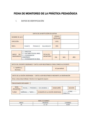 FICHA DE MONITOREO DE LA PRÁCTICA PEDAGÓGICA
I. DATOS DE IDENTIFICACIÓN
 