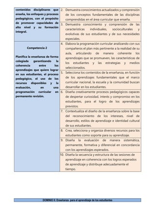 contenidos disciplinares que
enseña, los enfoques y procesos
pedagógicos, con el propósito
de promover capacidades de
alto nivel y su formación
integral.
2. Demuestra conocimientos actualizados y comprensión
de los conceptos fundamentales de las disciplinas
comprendidas en el área curricular que enseña.
3. Demuestra conocimiento y comprensión de las
características individuales, socioculturales y
evolutivas de sus estudiantes y de sus necesidades
especiales.
Competencia 2
Planifica la enseñanza de forma
colegiada garantizando la
coherencia entre los
aprendizajes que quiere lograr
en sus estudiantes, el proceso
pedagógico, el uso de los
recursos disponibles y la
evaluación, en una
programación curricular en
permanente revisión.
4. Elabora la programación curricular analizando con sus
compañeros el plan más pertinente a la realidad de su
aula, articulando de manera coherente los
aprendizajes que se promueven, las características de
los estudiantes y las estrategias y medios
seleccionados.
5. Selecciona los contenidos de la enseñanza, en función
de los aprendizajes fundamentales que el marco
curricular nacional, la escuela y la comunidad buscan
desarrollar en los estudiantes.
6. Diseña creativamente procesos pedagógicos capaces
de despertar curiosidad, interés y compromiso en los
estudiantes, para el logro de los aprendizajes
previstos.
7. Contextualiza el diseño de la enseñanza sobre la base
del reconocimiento de los intereses, nivel de
desarrollo, estilos de aprendizaje e identidad cultural
de sus estudiantes.
8. Crea, selecciona y organiza diversos recursos para los
estudiantes como soporte para su aprendizaje.
9. Diseña la evaluación de manera sistemática,
permanente, formativa y diferencial en concordancia
con los aprendizajes esperados.
10. Diseña la secuencia y estructura de las sesiones de
aprendizaje en coherencia con los logros esperados
de aprendizaje y distribuye adecuadamente el
tiempo.
DOMINIO II: Enseñanza para el aprendizaje de los estudiantes
 