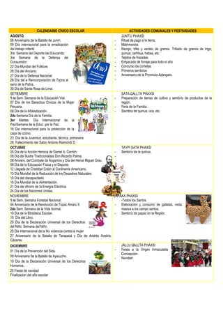 CALENDARIO CÍVICO ESCOLAR ACTIVIDADES COMUNALES Y FESTIVIDADES
AGOSTO
06 Aniversario de la Batalla de Junín.
09 Día internacional para la erradicación
del trabajo infantil
3ra Semana del Deporte del Educando.
3ra Semana de la Defensa del
Consumidor.
22 Día Mundial del Folklore.
26 Día del Anciano.
27 Día de la Defensa Nacional.
28 Día del a Reincorporación de Tacna al
seno de la Patria.
30 Día de Santa Rosa de Lima.
JUNT’U PHAXSI
- Ritual de pago a la tierra.
- Matrimonios.
- Recojo, trilla y venteo de granos. Trillado de granos de trigo,
quinua, cañihua, habas, etc.
- Tejidos de frazadas
- Empacado de forraje para todo el año
- Concurso de cometas
- Primeros sembrios
- Aniversario de la Provincia Azángaro.
-
SETIEMBRE
1 ra Sem. Semana de la Educación Vial.
07 Día de los Derechos Cívicos de la Mujer
Peruana.
08 Día de la Alfabetización.
2da Semana Día de la Familia.
3er Martes: Día Internacional de la
Paz/Semana de la Educ. por la Paz.
16 Dia internacional para la protección de la
capa de ozono.
23 Día de la Juventud, estudiante, técnica, primavera
26 Fallecimiento del Sabio Antonio Raimondi D.
SATA QALLTA PHAXSI
- Preparación de tierras de cultivo y sembrío de productos de la
región.
- Feria de la Familia.
- Siembra de quinua, oca, etc.
OCTUBRE
05 Día de la Acción Heroica de Daniel A. Carrión.
06 Día del Ilustre Tradicionalista Don Ricardo Palma.
08 Anivers. del Combate de Angamos y Día del Héroe Miguel Grau.
08 Día de la Educación Física y el Deporte.
12 Llegada de Cristóbal Colón al Continente Americano.
13 Día Mundial de la Reducción de los Desastres Naturales.
16 Día del discapacitado
16 Día Mundial de la Alimentación.
21 Día del Ahorro de la Energía Eléctrica.
24 Día de las Naciones Unidas.
TAYPI SATA PHAXSI
- Sembrío de la quinua.
-
NOVIEMBRE
1 ra Sem. Semana Forestal Nacional.
04 Aniversario de la Revolución de Túpac Amaru II.
2da Sem. Semana de la Vida Animal.
10 Día de la Biblioteca Escolar.
10 Día del Libro.
20 Día de la Declaración Universal de los Derechos
del Niño. Semana del Niño.
25 Dia Internacional de la No violencia contra la mujer
27 Aniversario de la Batalla de Tarapacá y Día de Andrés Avelino
Cáceres.
LAPAKA PHAXSI
-Todos los Santos.
- Elaboración y consumo de galletas, visita
masiva a los campo santos.
- Sembrío de papas en la Región.
DICIEMBRE
01 Día de la Prevención del Sida.
09 Aniversario de la Batalla de Ayacucho.
10 Día de la Declaración Universal de los Derechos
Humanos.
25 Fiesta de navidad
Finalizacion del año escolar
JALLU QALLTA PHAXSI
- Fiesta a la Virgen Inmaculada
Concepción
- Navidad
 