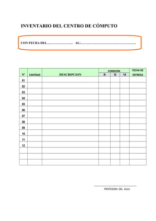 INVENTARIO DEL CENTRO DE CÓMPUTO
CON FECHA DEL……………………. AL:……………………………………………..
Nº CANTIDAD DESCRIPCION
CONDICIÓN FECHA DE
ENTREGAB R M
01
02
03
04
05
06
07
08
09
10
11
12
PROFESORA DEL AULA
 